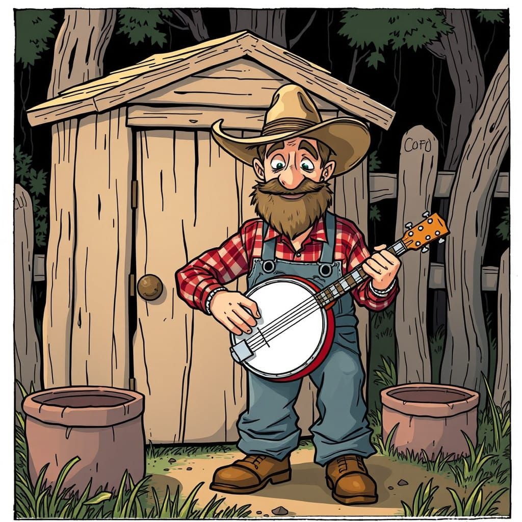 Rustic Cartoon Farmer Strums Banjo in Humorous Landscape