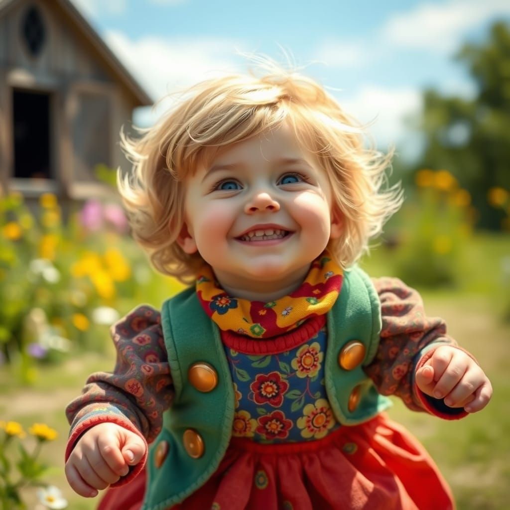 Smiling Child Playing Outdoors in Whimsical Style