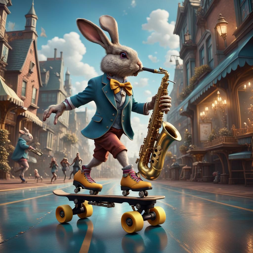 Rabbit Roller Skating Saxophone Player: Detailed Digital Art