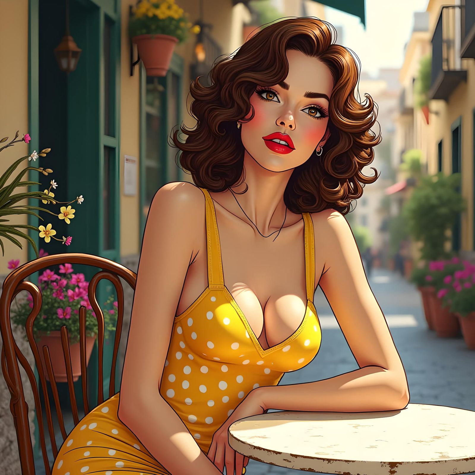 Woman at Cafe in Golden Age Comic Style
