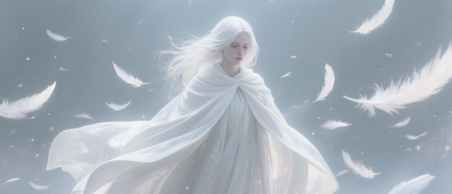 Ethereal Woman in Falling Feathers