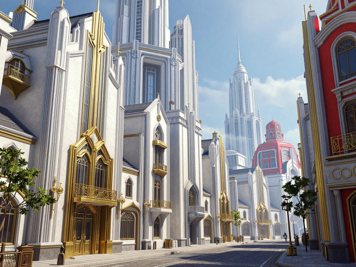 Art Deco Medieval Town Street in Silver and Blue