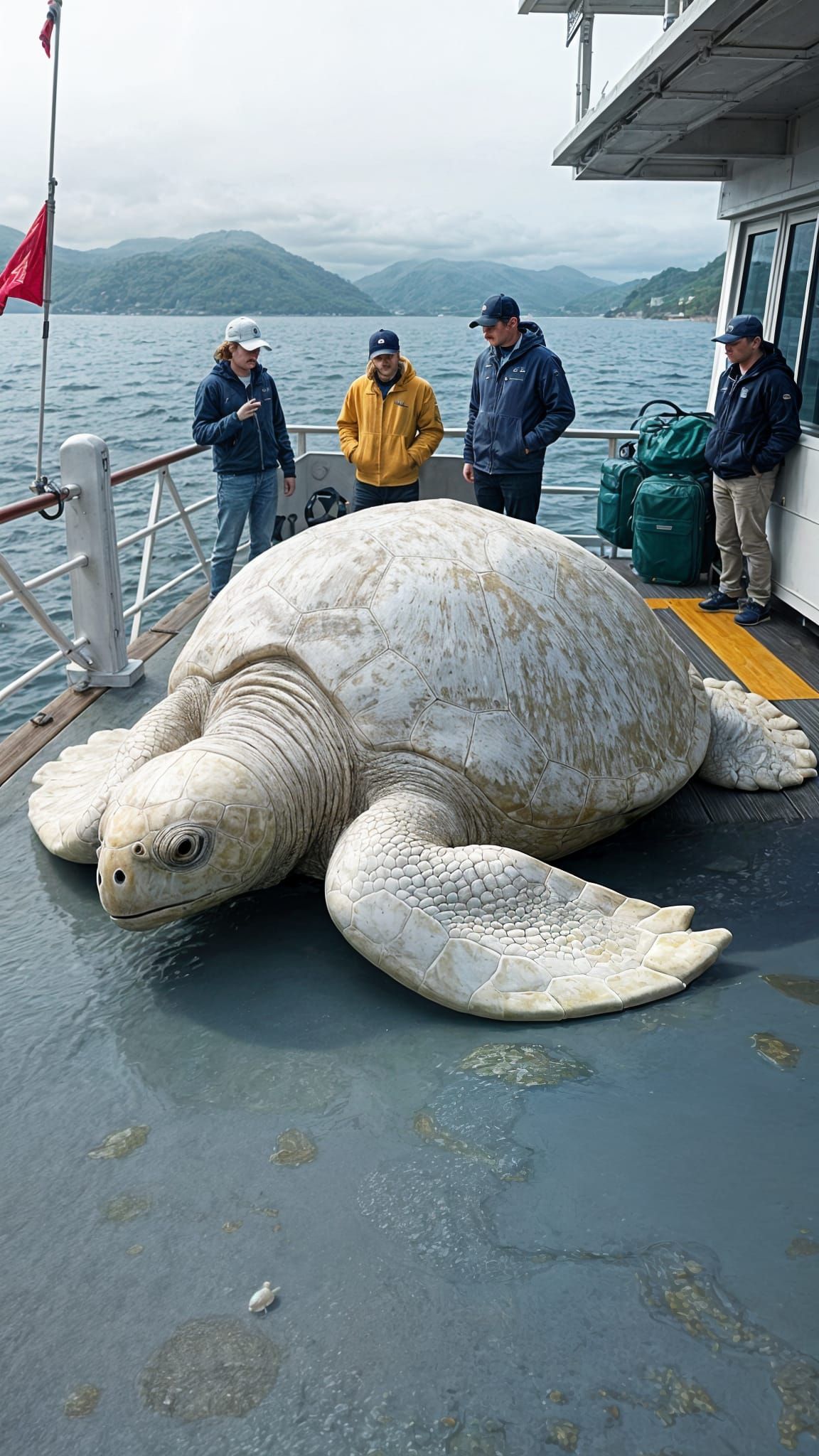 Giant Albino Sea Turtle on Ship Deck