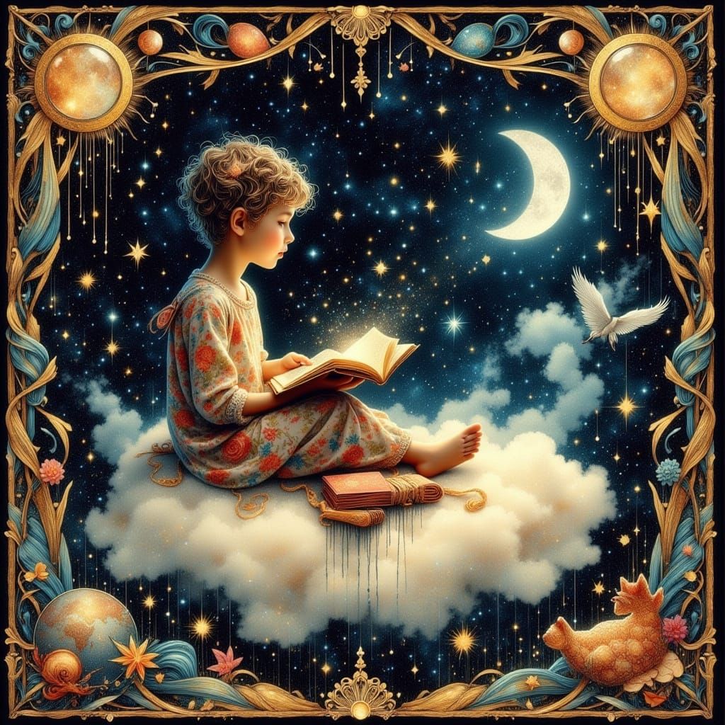 Boy Reading on Cloud in Starry Sky, Art Nouveau