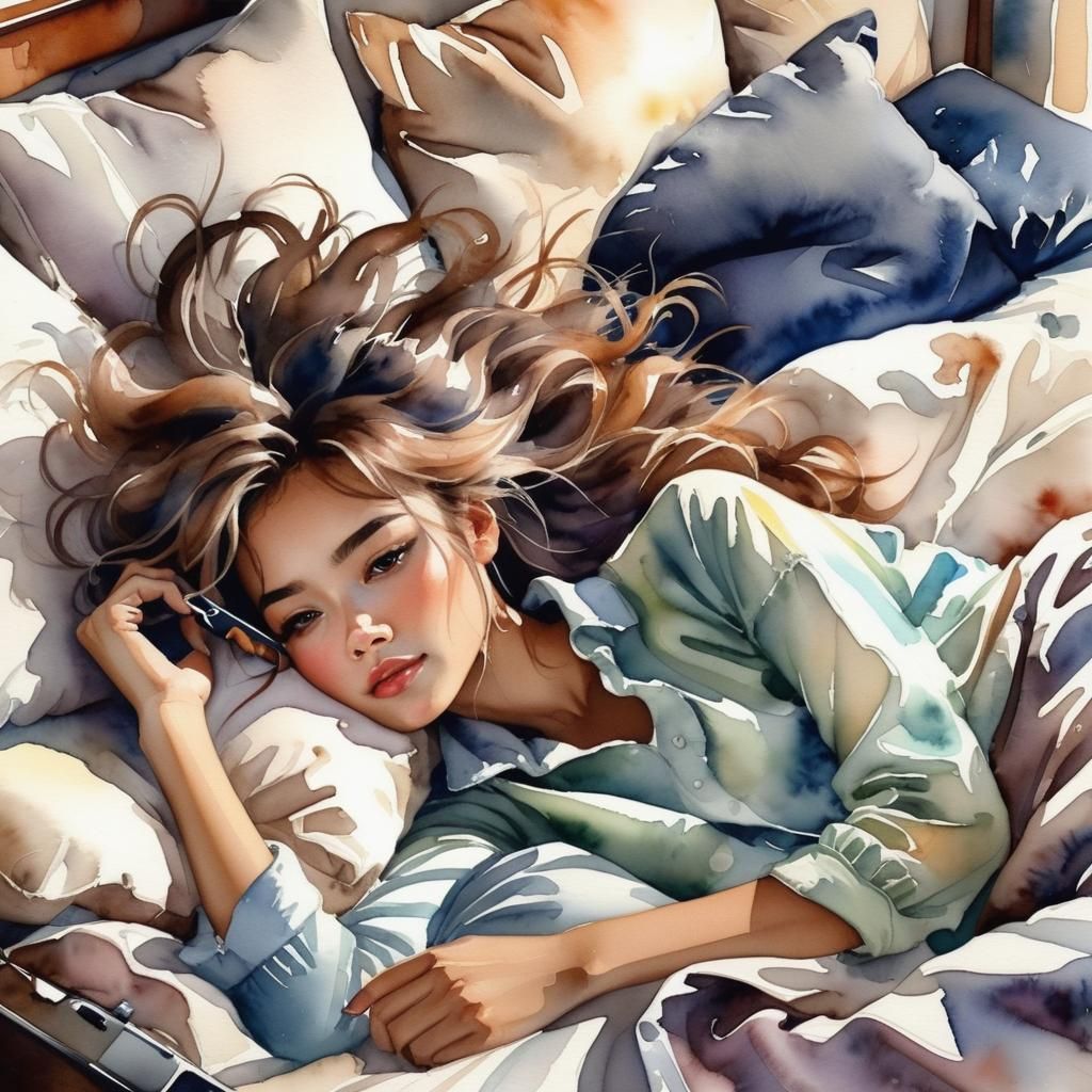 Exquisite Woman Lounging with Messy Hair in Watercolor