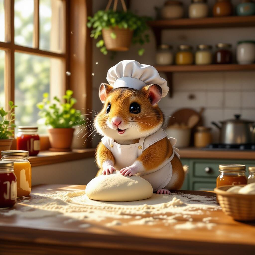 Anthropomorphic Hamster Baker Kneading Dough in Sunlit Kitch...