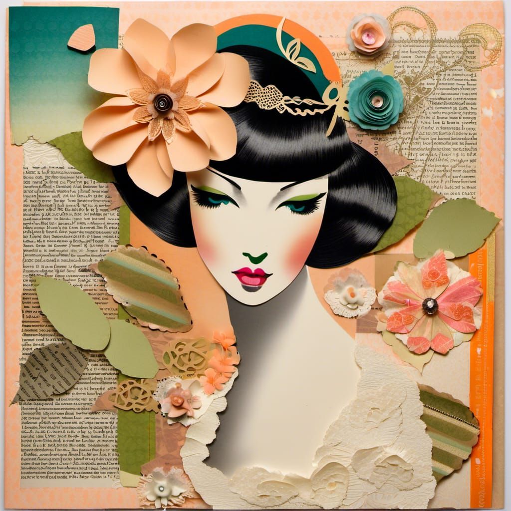 Art Deco Bride in Collage with Peach Flowers