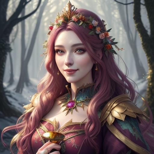 Girl beautiful fairy tale smile princess queen hair gold winter forest flowers magic beautiful christmass portrait magic