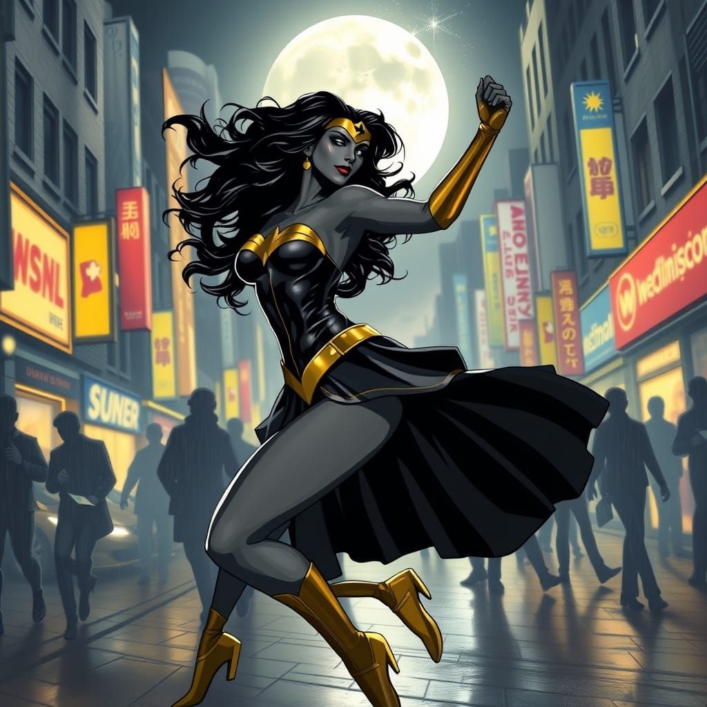 Wonder Woman Dancing on Moonlit Street in Black and Yellow