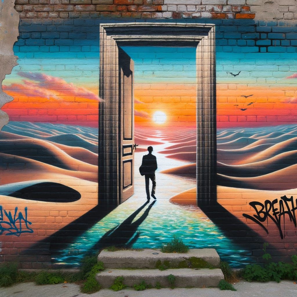 Surreal Doorway to Tranquil Waters and Dalí-esque Landscape