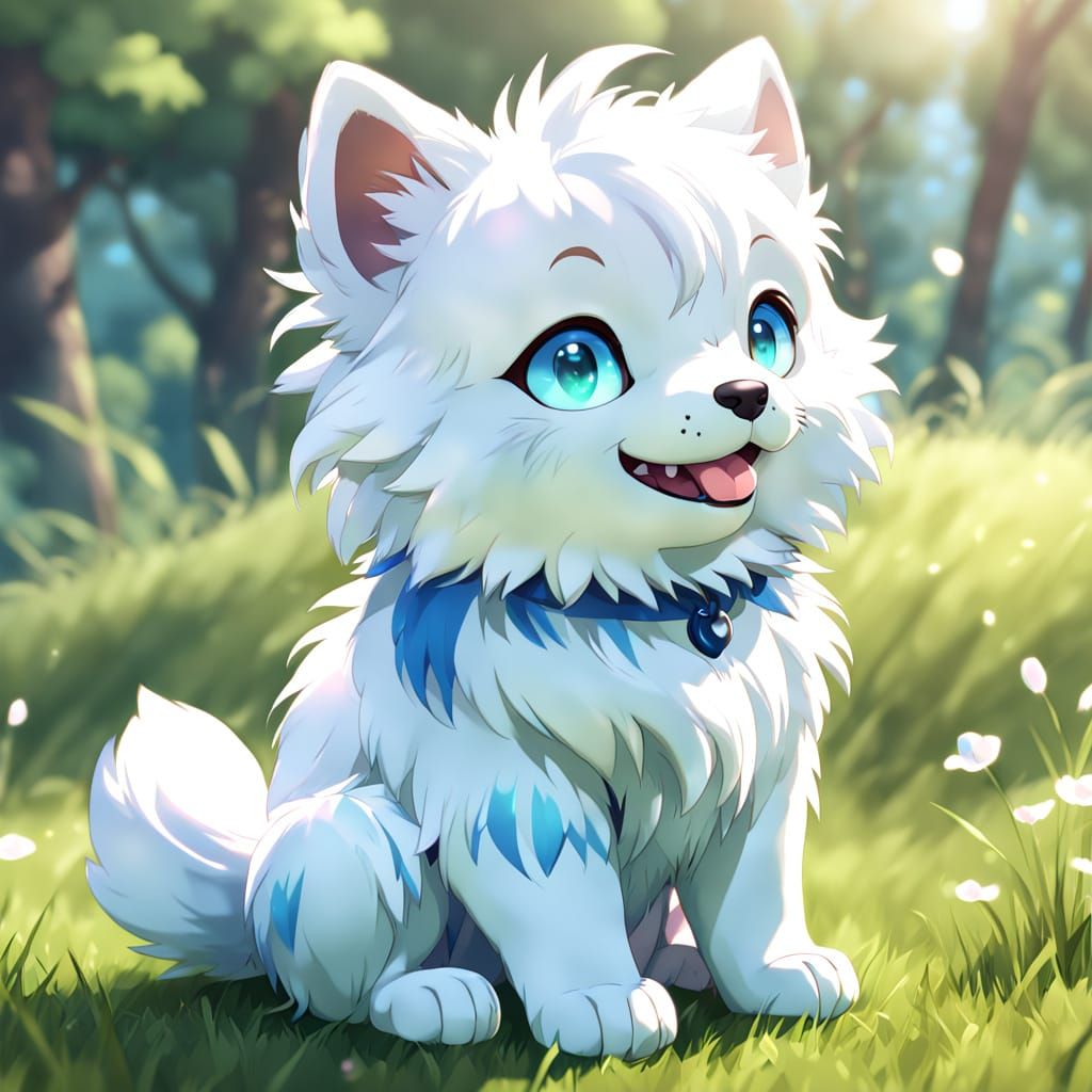 Anime Puppy Sits on Grassy Hill with Vibrant Blue Streaks