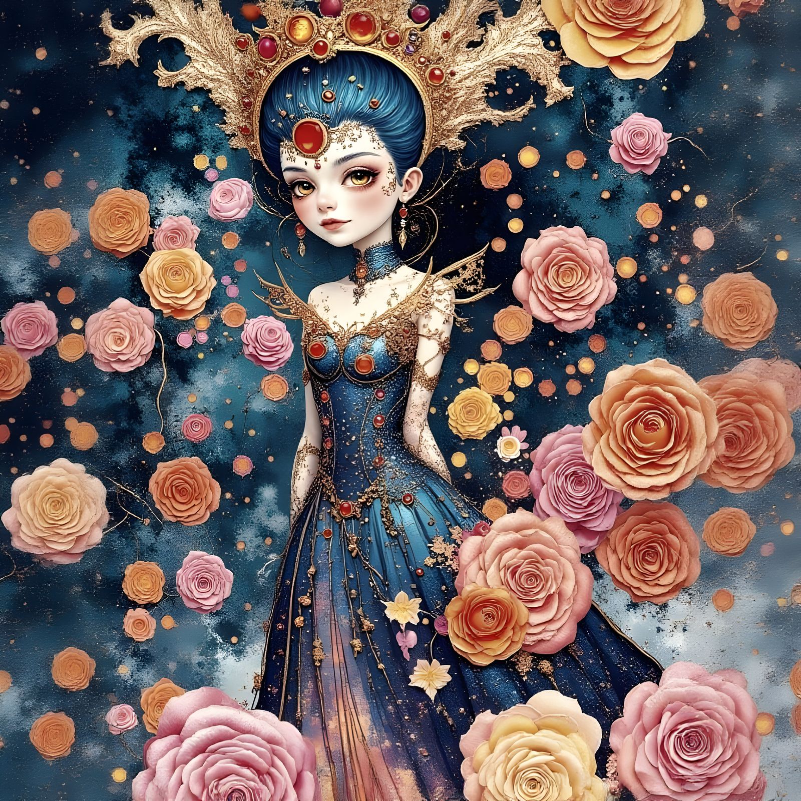 Opulent Jewel-Encrusted Queen in Floral Ballroom