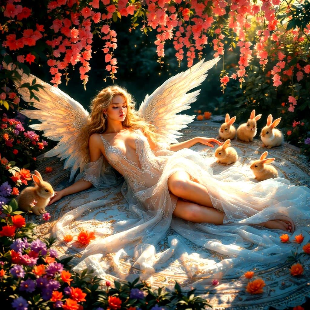 A Blond Angel in a Dreamlike Garden Scene with Rabbits