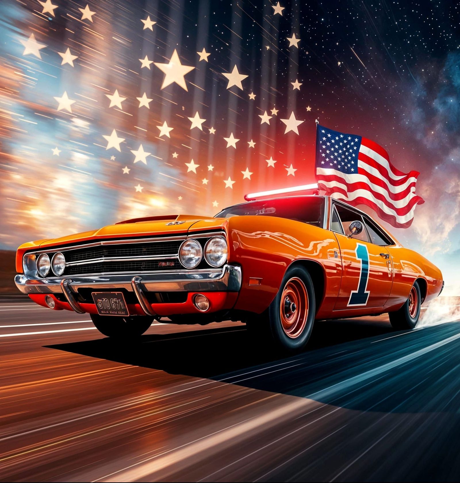 Vintage Muscle Car with American Flag Light Painting