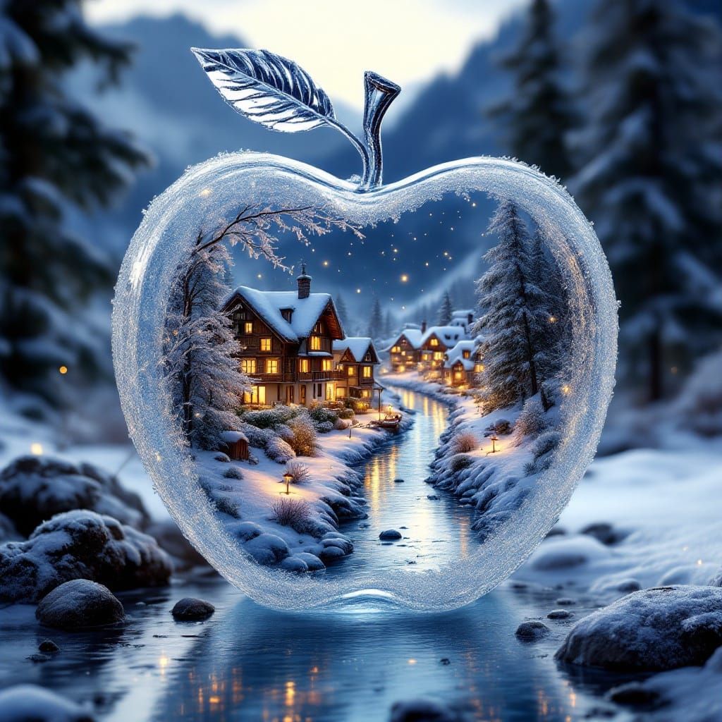 Glass Apple Sculpture with Alpine Village