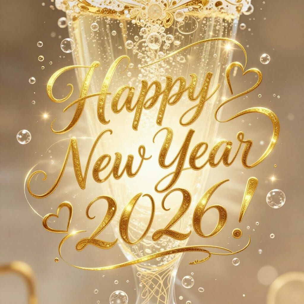 Elegant 2026 New Year Message with Gold Calligraphy & Hearts