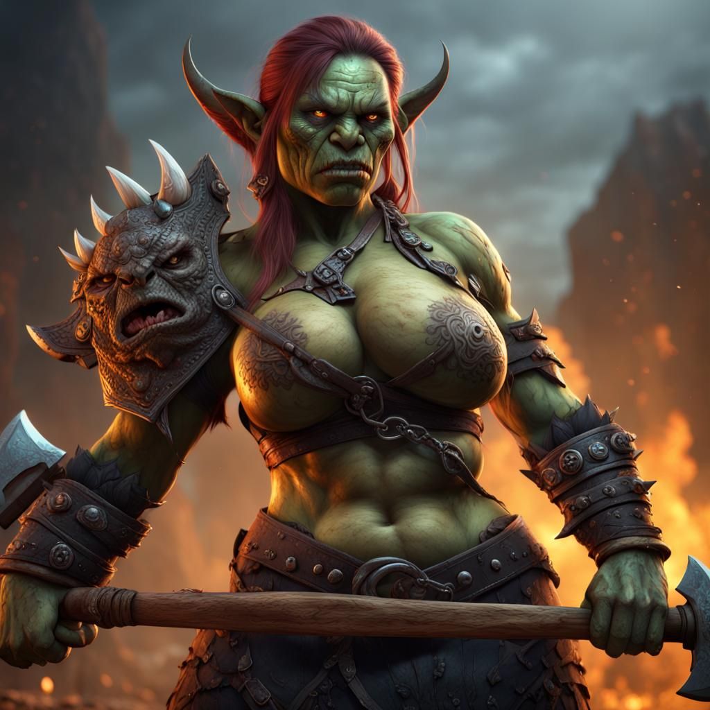 Orc Warrior Woman with Axe, Fantasy Art