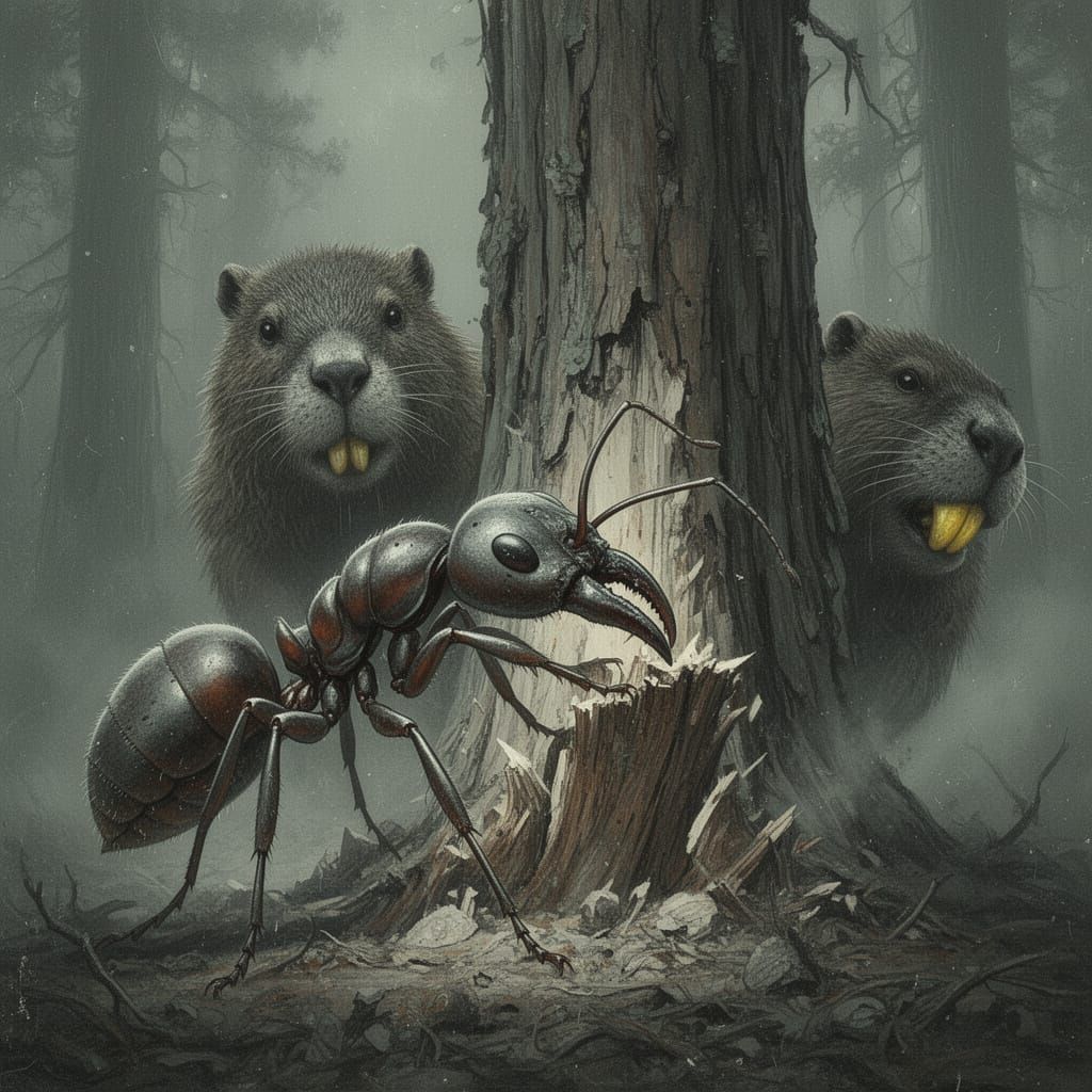 Gigantic Ant Attacks Giant Redwood, Beaver Hides