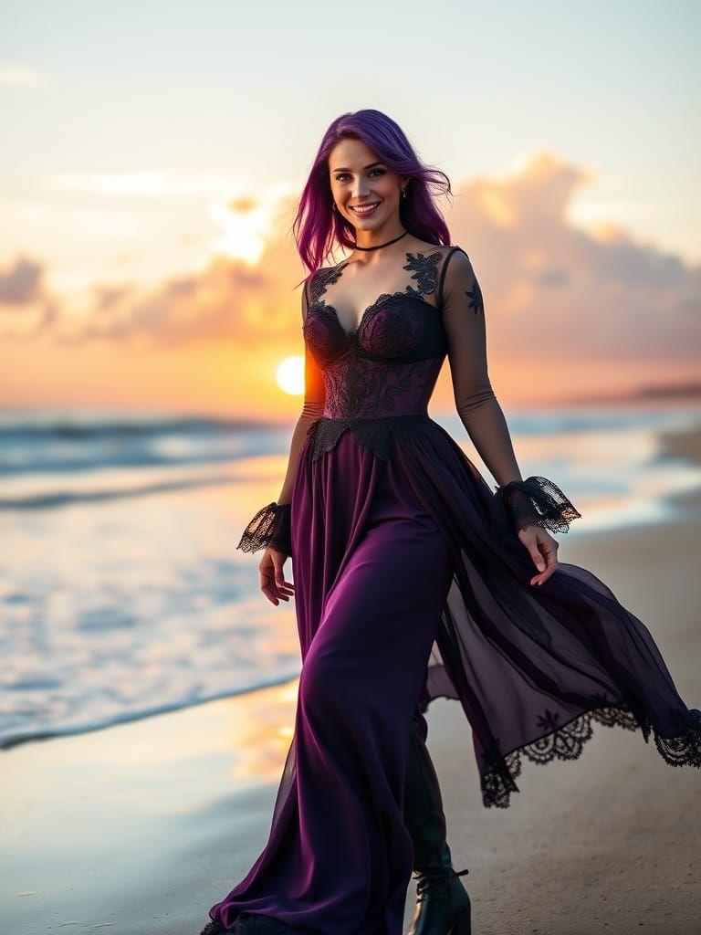 Purple Gothic Goddess Strides Along Sun-Kissed Beach at Gold...