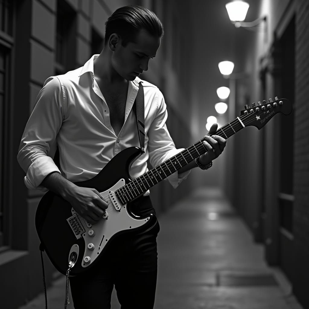 Noir Guitarist: Muscular Elegance in Black and White