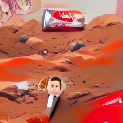 Elon Musk eating a mars bar on mars anime