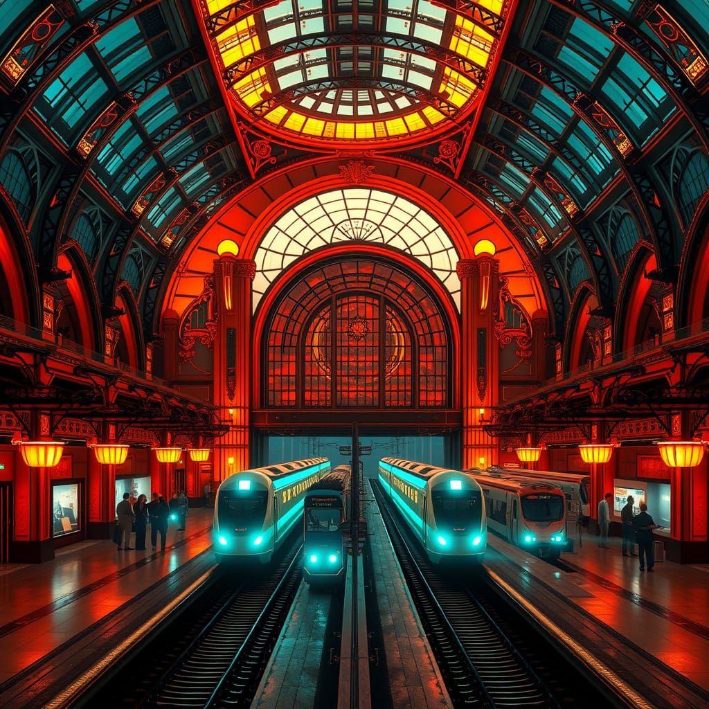 Luxurious Art Deco Train Station in Vibrant Hues