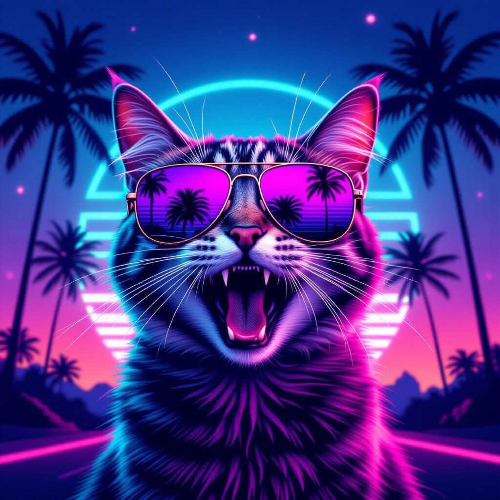Synthwave Cat with Aviators in Neon Retro Style