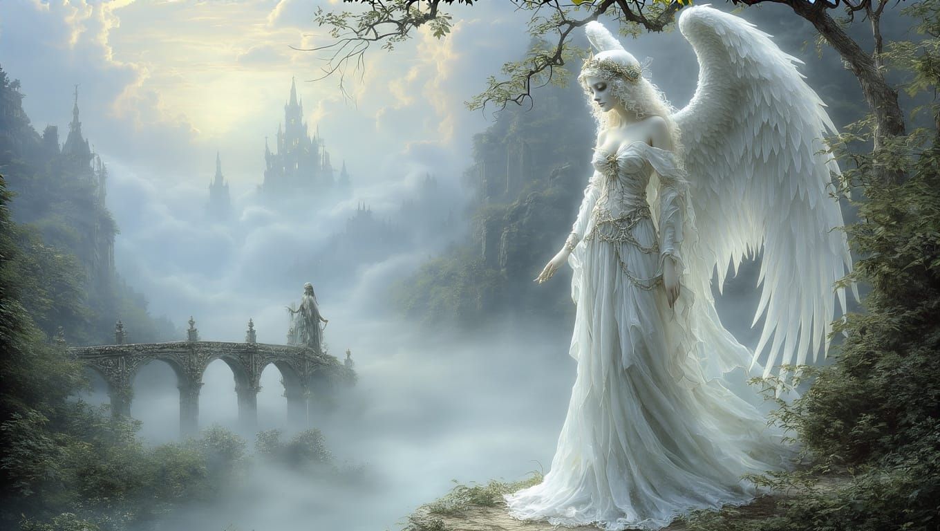 Ethereal Death Goddess Surrounded by Lovers in Whimsical Fan...