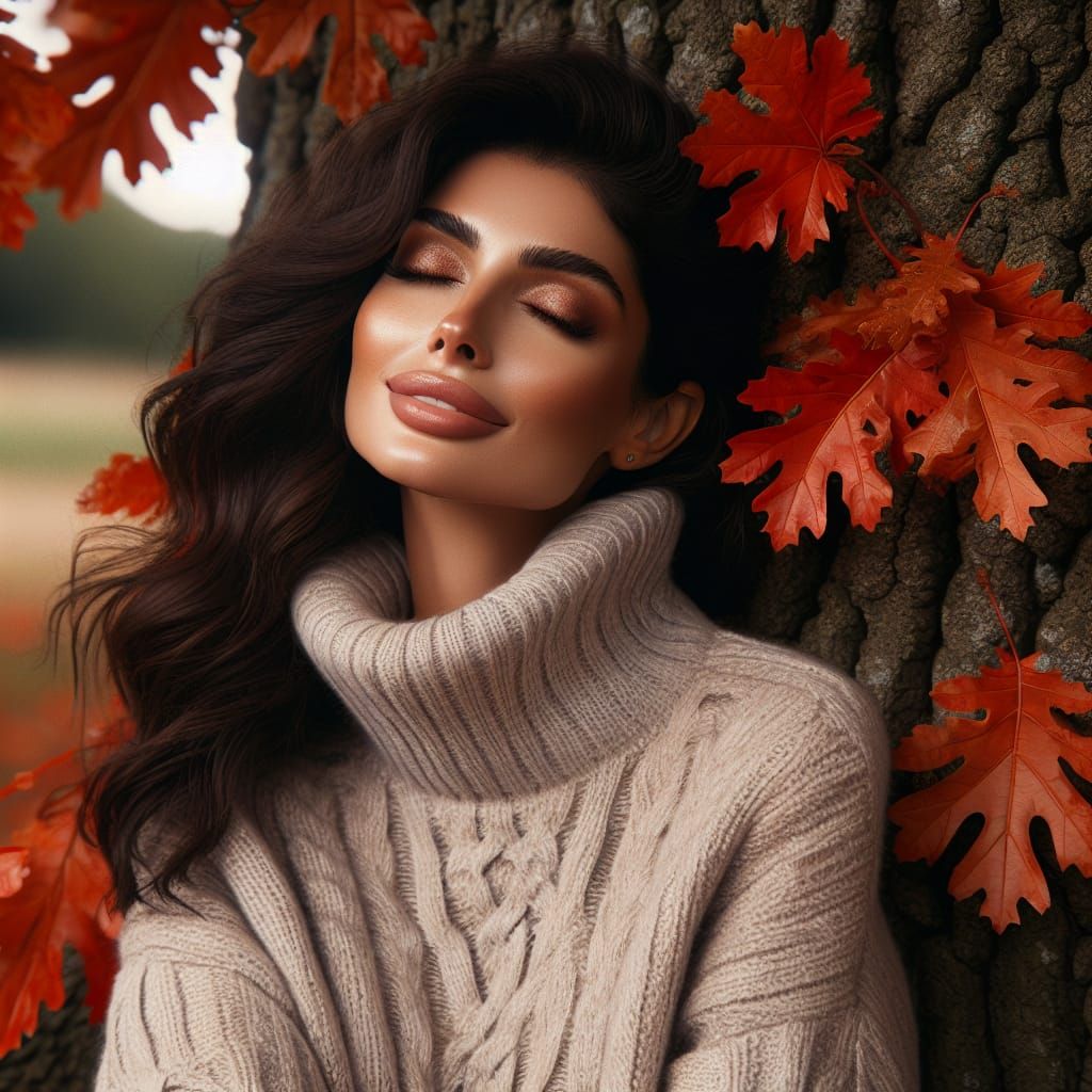 Peaceful Autumn Scene of Woman by Oak Tree