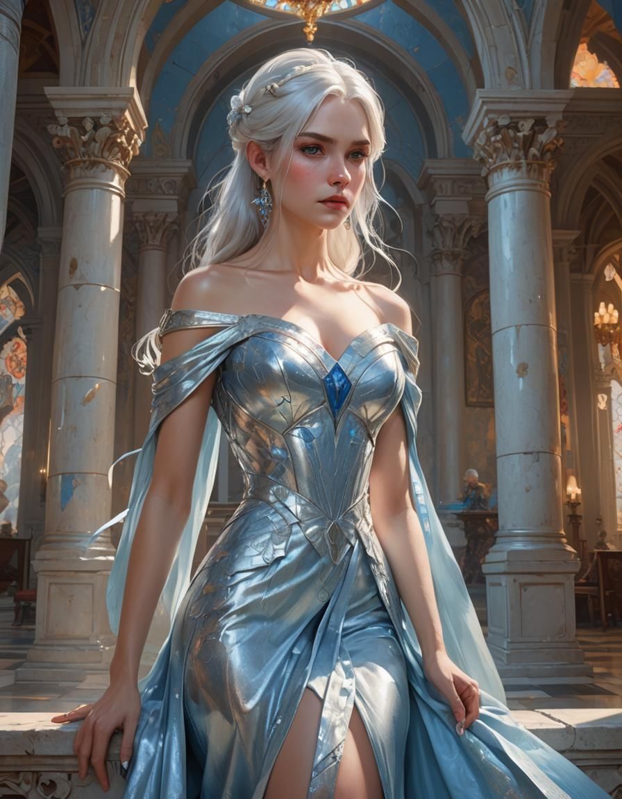 White-Haired Princess in Blue Dress: Art Nouveau Portrait