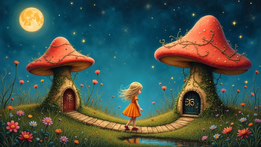 Mushroom Village Scene with Child under Starry Sky
