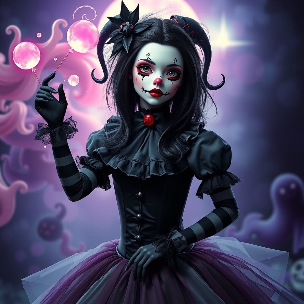 Whimsical Gothic Emo Girl in Dark Clown Costume
