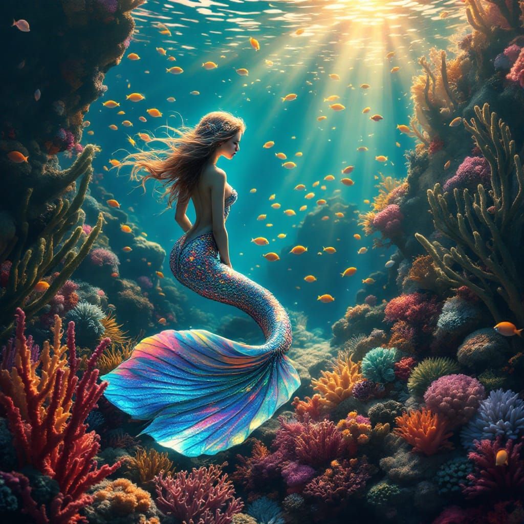 Surreal Mermaid Amidst Vibrant Coral Reef