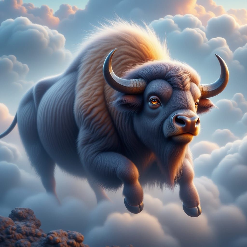 Surreal Fantasy Sky Bison Soars Through Misty Skies in a Det...