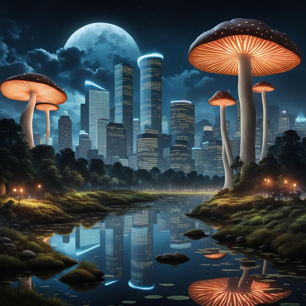 Night Cityscape with Giant Mushrooms