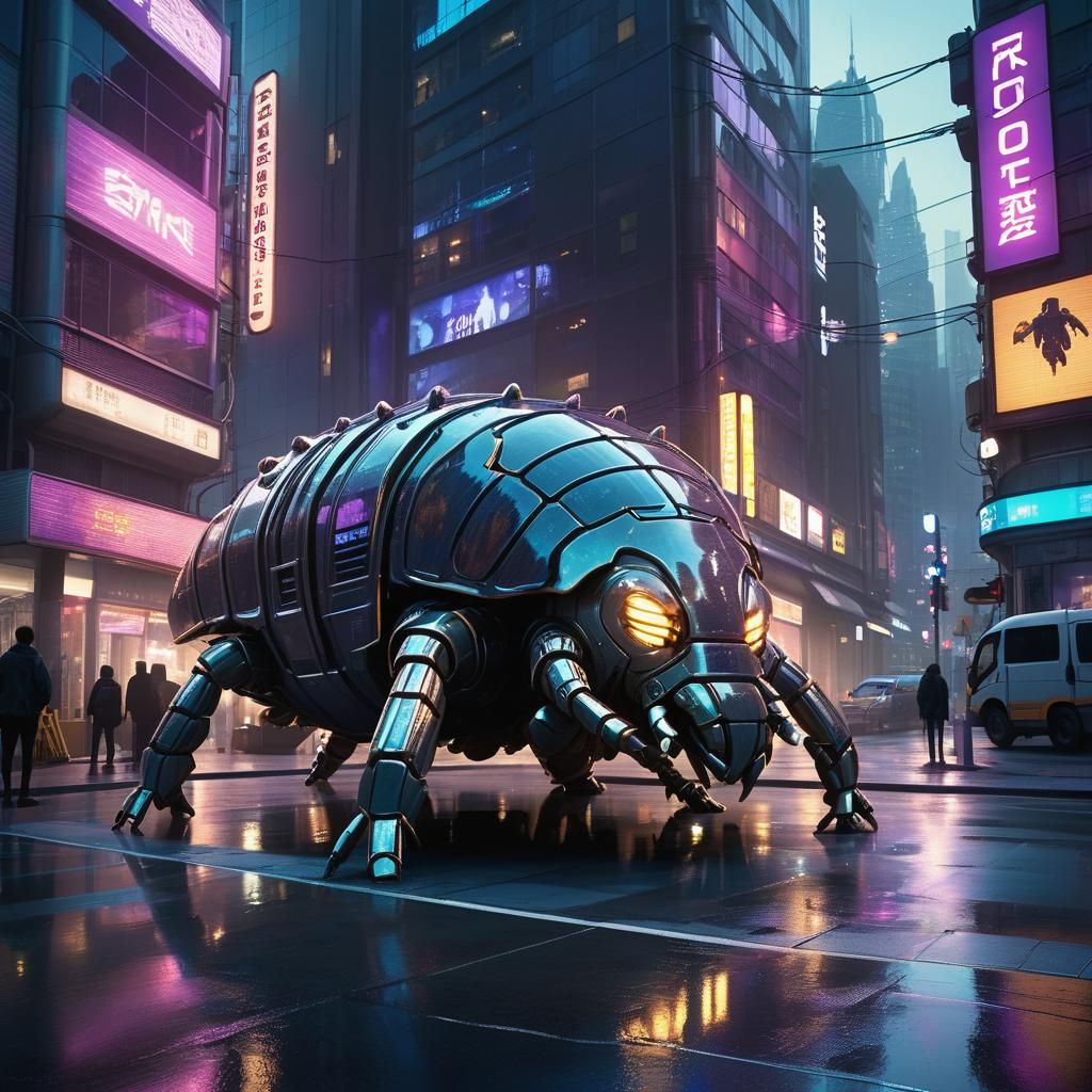 Futuristic Isopod Bus in Cyberpunk Cityscape