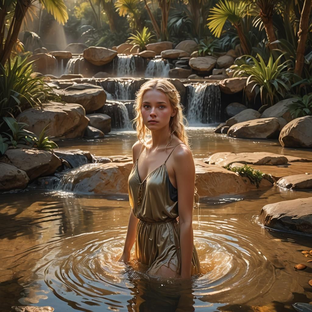 Woman in Oasis at Sunset: Fantasy Concept Art