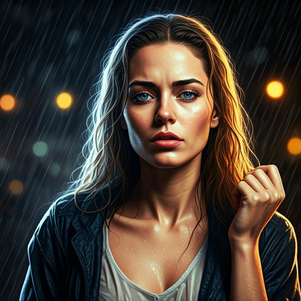 Rainy Night Portrait of a Woman with Wet Hair