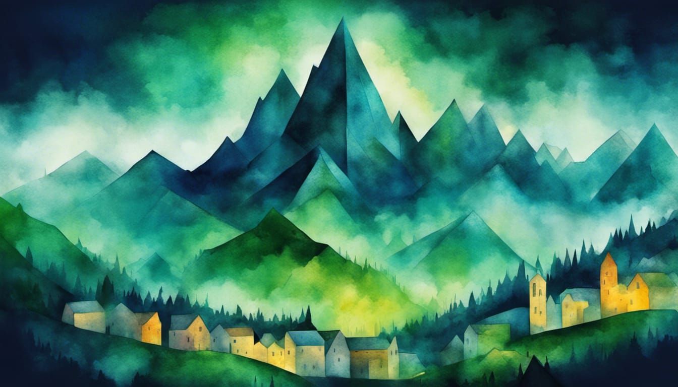 Psychedelic City in Moonlight, Watercolor Landscape
