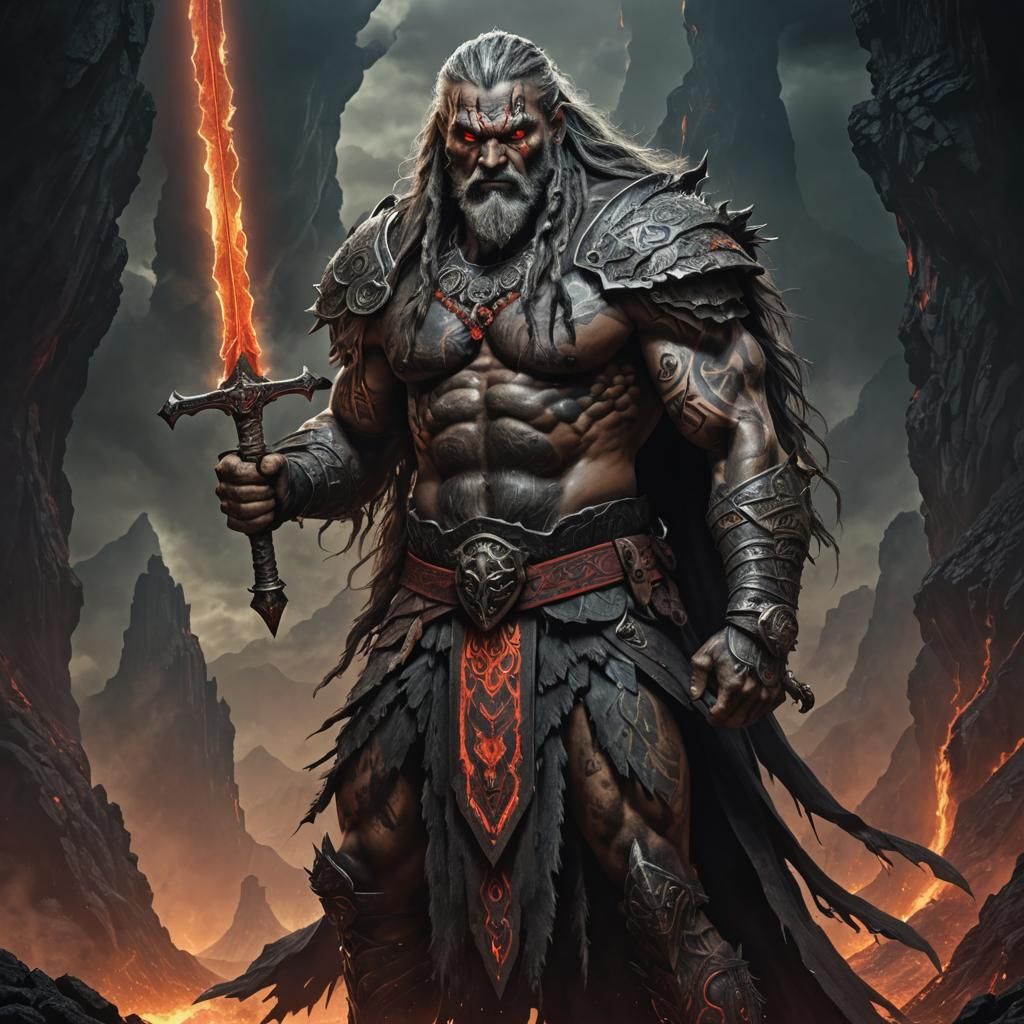 Goliath Warrior with Fiery Volcano Backdrop