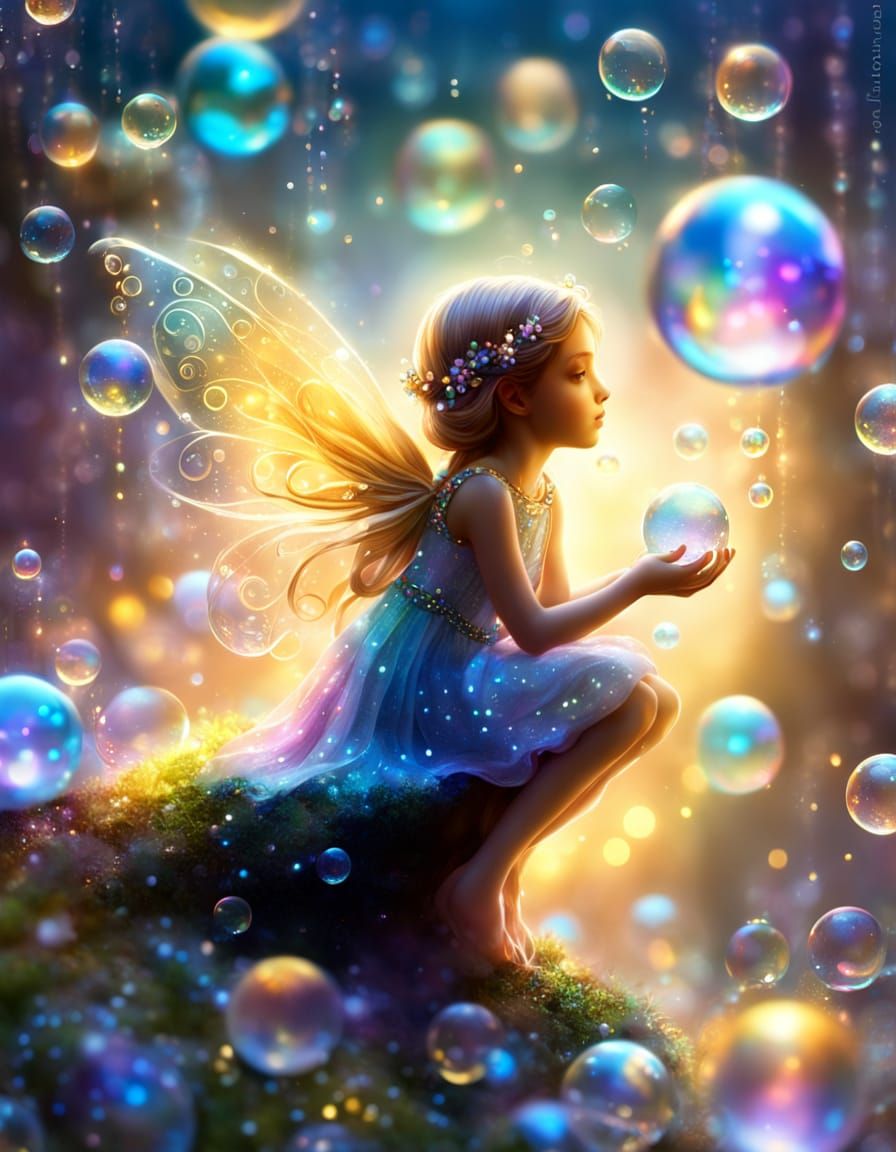 Ethereal Fairy Surrounded by Iridescent Bubbles