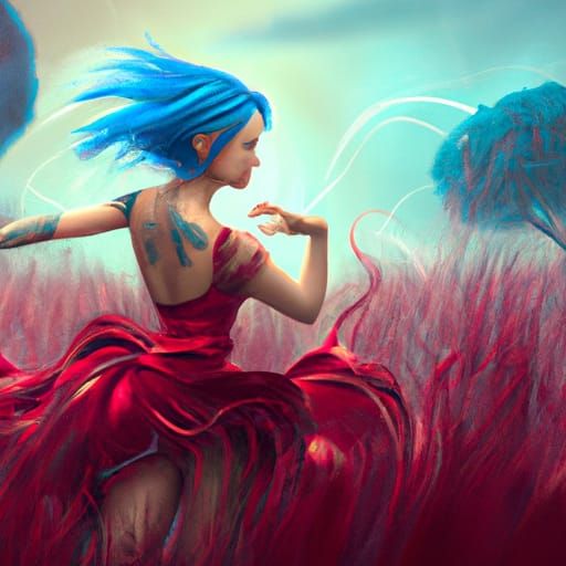 Woman Dancing in Lush Field: Digital Matte Painting