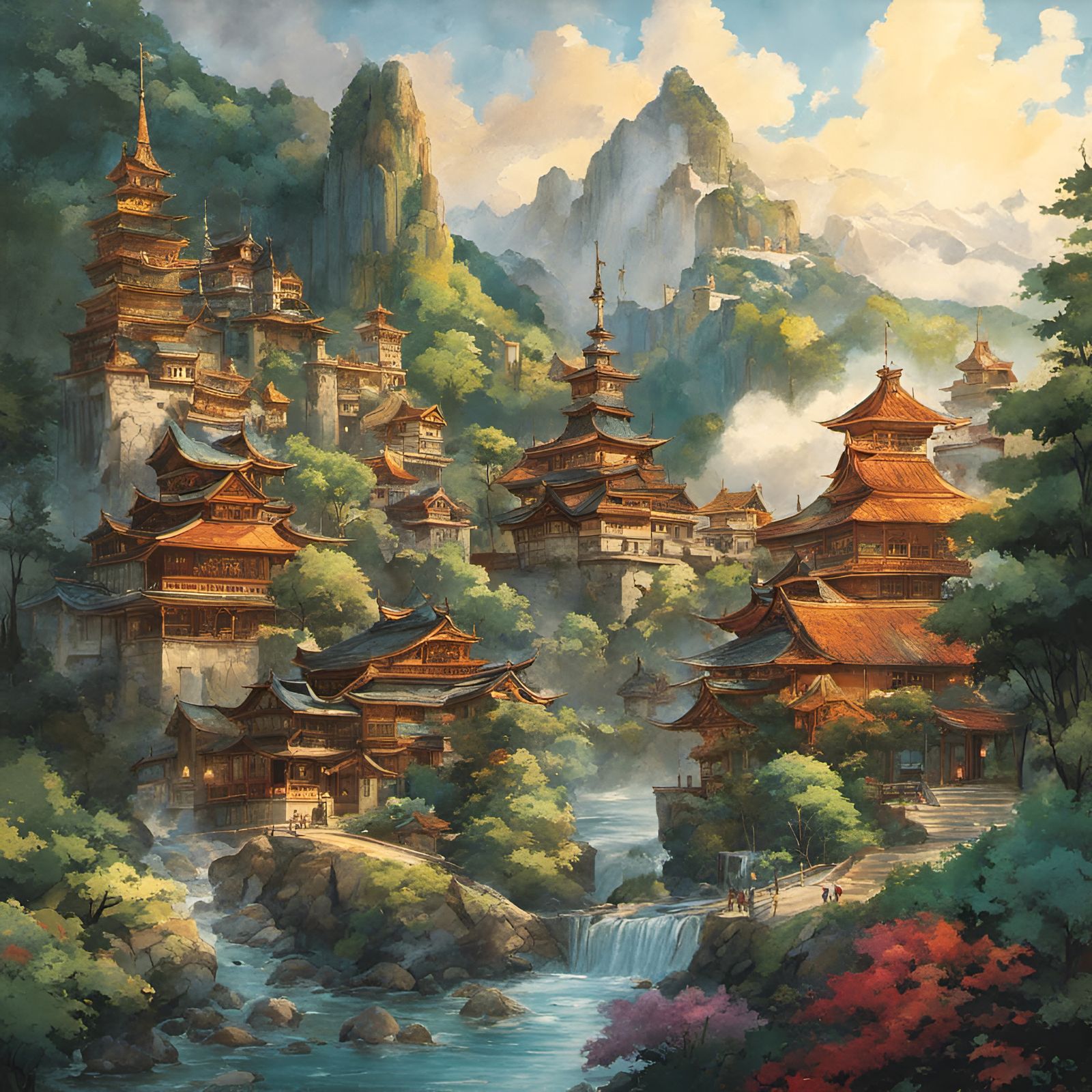 Mountains of Man: Ghibli-Style Watercolor Landscape