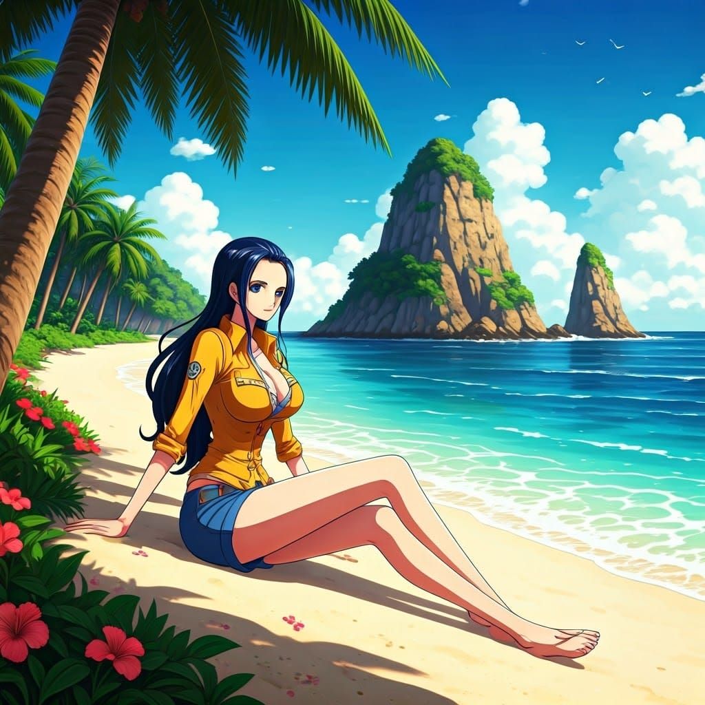 Nico Robin on a Tropical Beach in Anime Style
