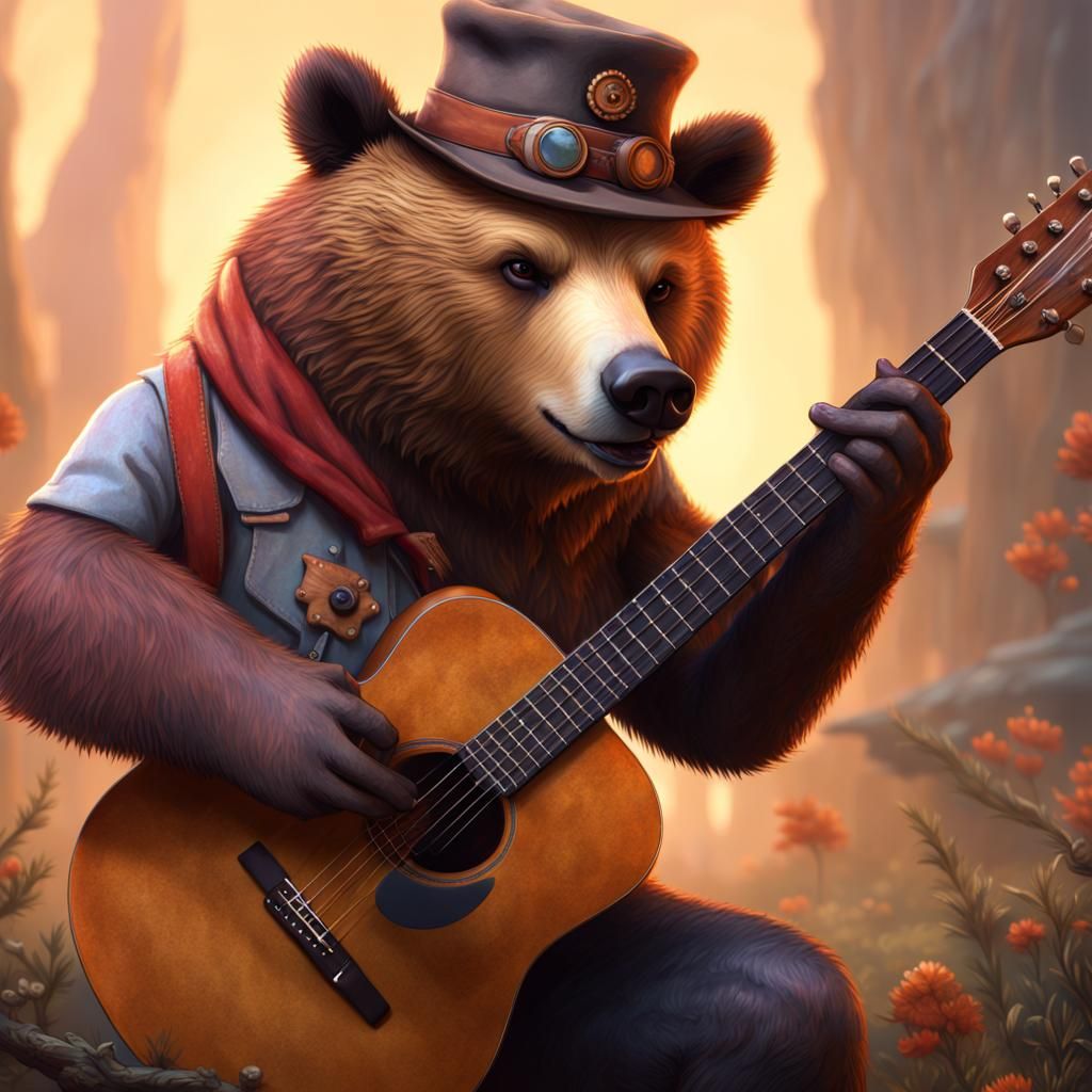 Anthro Grizzly Bear Guitarist: Detailed Matte Painting
