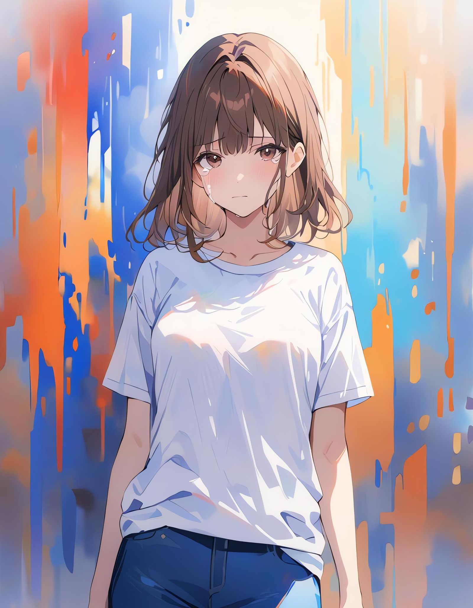 Sad Girl Crying in Vivid Watercolor Style