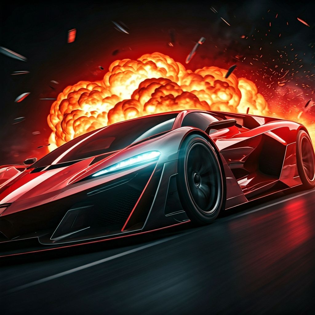 Futuristic Race Car Speeds Through Explosion in Cinematic St...