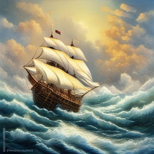 Hyperrealistic Ship Sails on a Windy Day