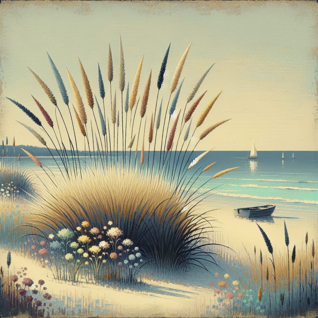 Coastal Scene with Beach Grass in Oil Painting Style