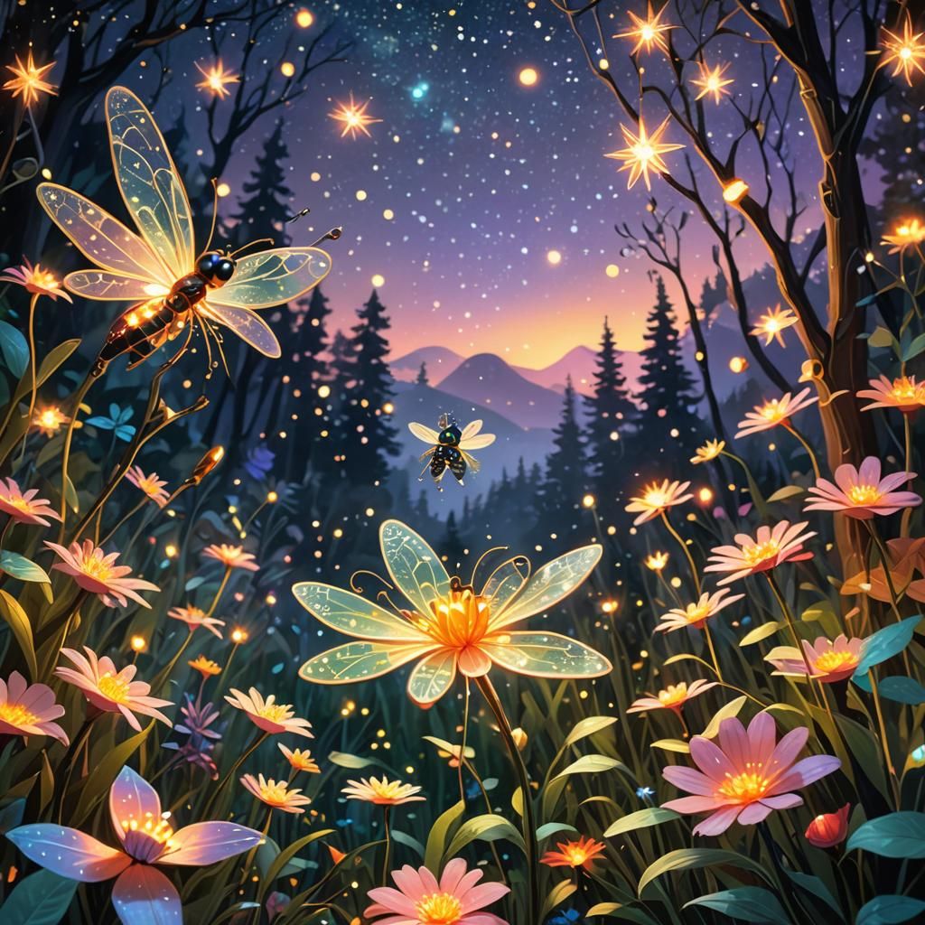 Whimsical Firefly Reaching for Star Flower in Dreamscape